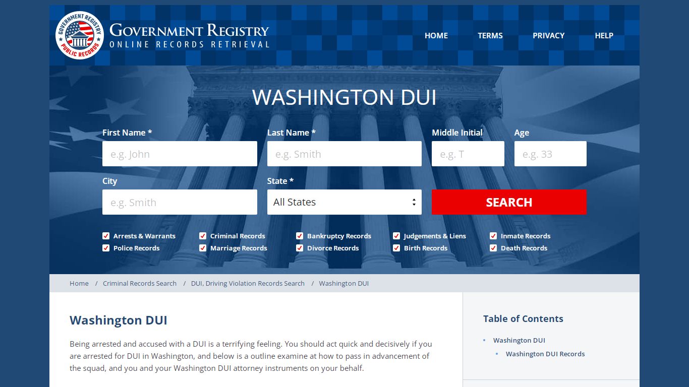 Washington DUI | Washington DUI Records | GovernmentRegistry.org